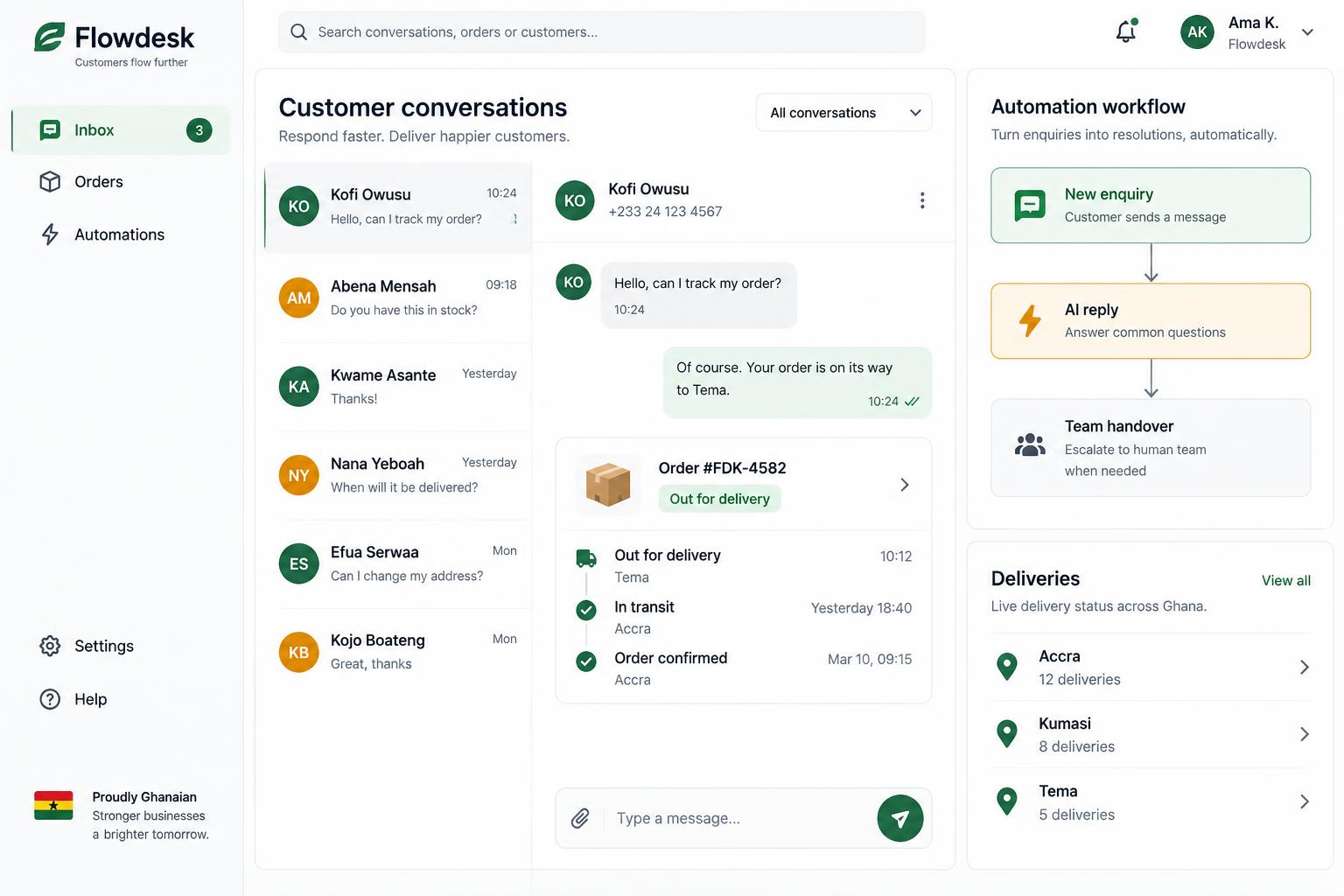 Sample AI customer support application showing a chatbot conversation, delivery tracking and human handover workflow