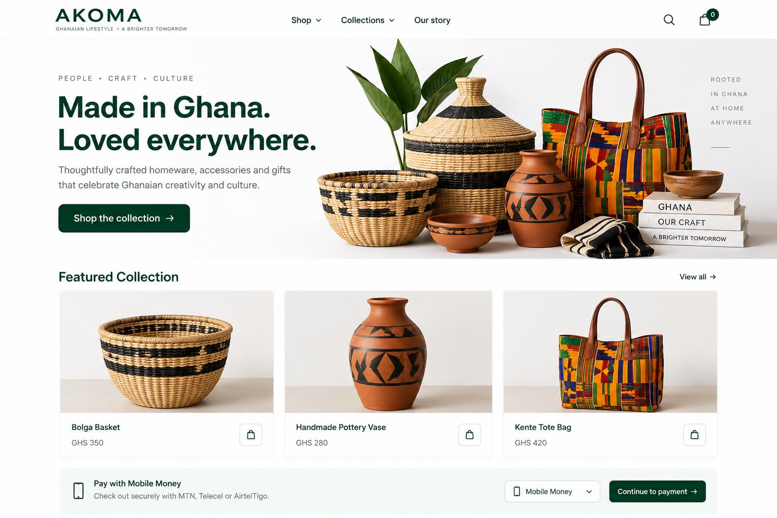 Sample Ghanaian online store design with handmade products and mobile money checkout