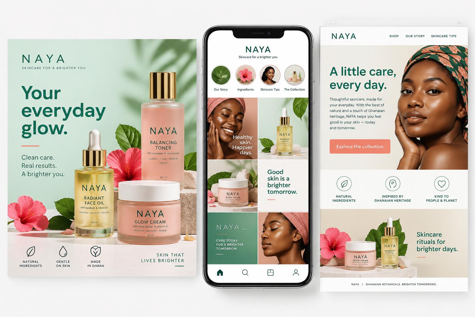 Sample skincare campaign with coordinated social media posts, a mobile feed and email newsletter