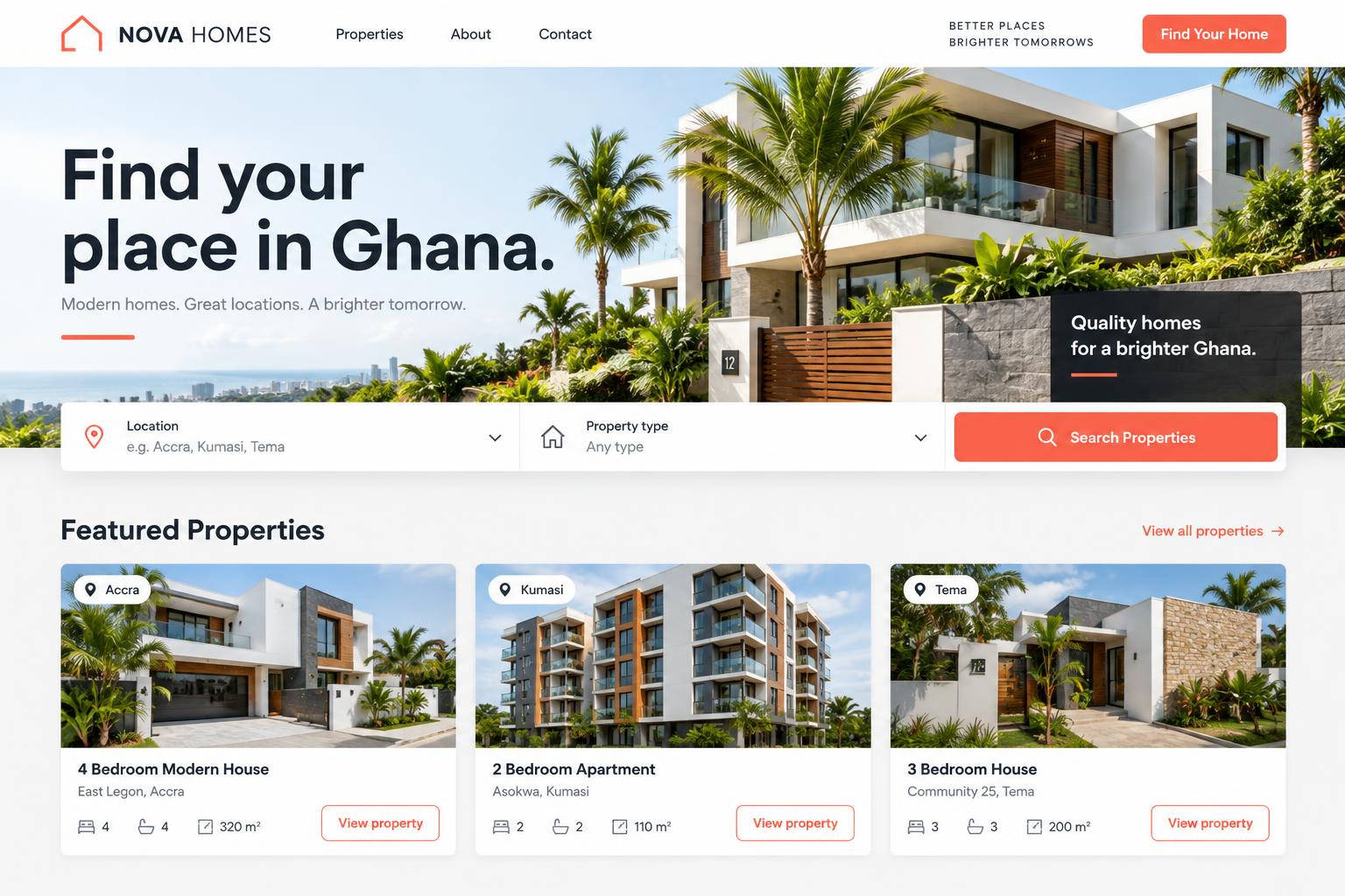 Sample Ghanaian real estate website design with property search and house listings